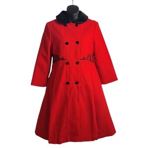 Vtg Freeway fashions Pea Coat Womens Red Wool Velvet Collar Embellished Waist 10